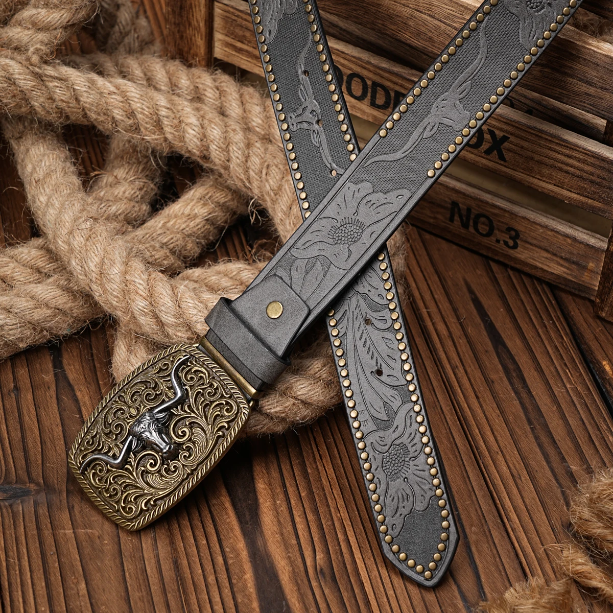 Men Women-Western-Cowboy-PU Leather-Belts - Vintage Belt Floral Engraved Buckle Belt for Jeans