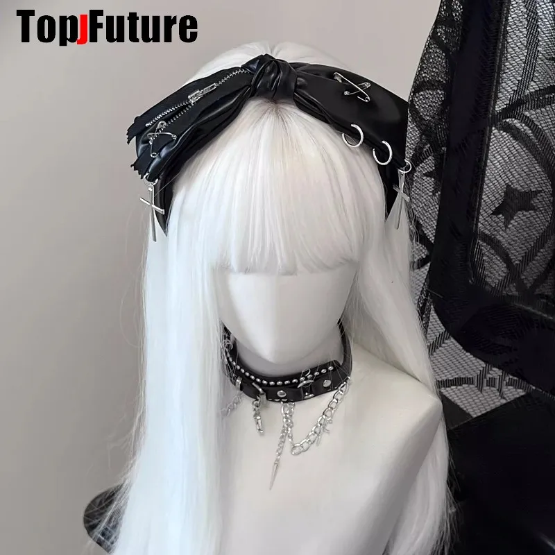 Gothic Bow Leather Harajuku Punk Zipper Pin Headbands Women Subculture Streewear Hair Band Y2K Girl Headdress Hair Accessories