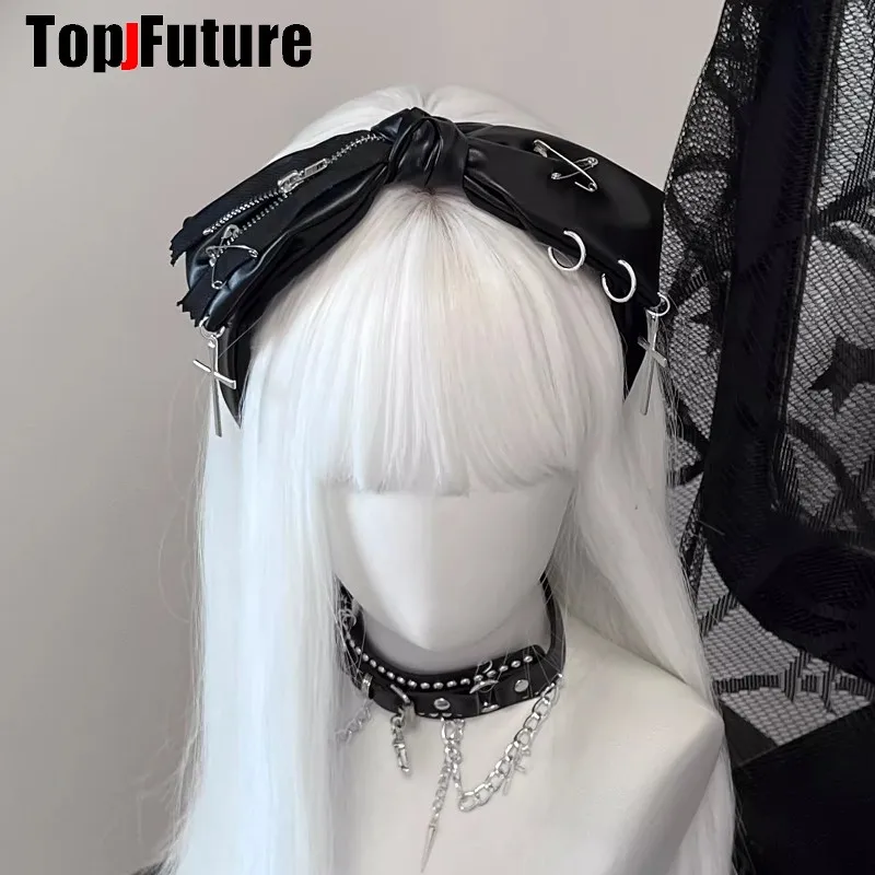 Gothic Bow Leather Harajuku Punk Zipper Pin Headbands Women Subculture Streewear Hair Band Y2K Girl Headdress Hair Accessories