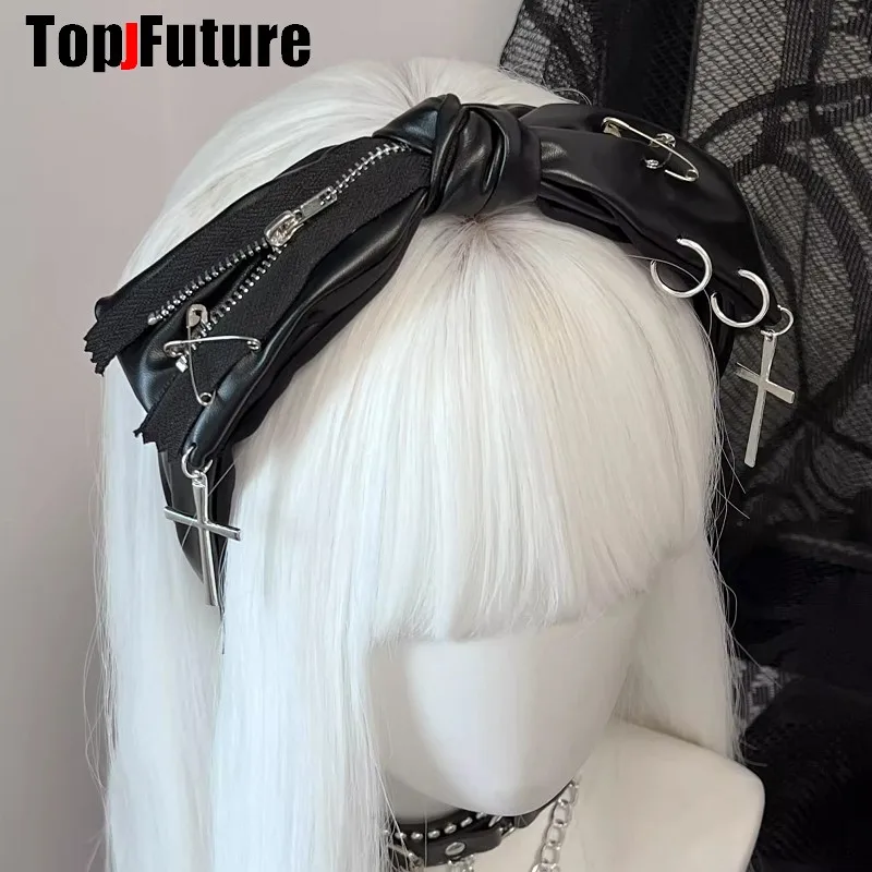 Gothic Bow Leather Harajuku Punk Zipper Pin Headbands Women Subculture Streewear Hair Band Y2K Girl Headdress Hair Accessories