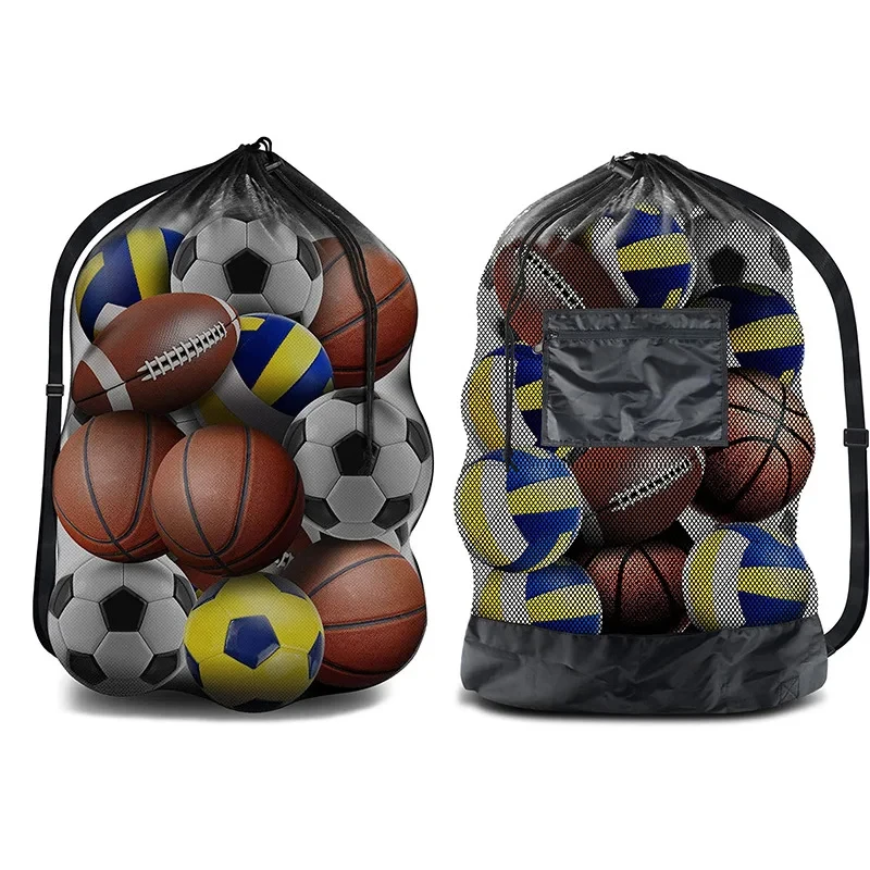 Large Mesh Ball Bag Drawstring Bag for Storage Soccer Basketball Volleyball Training Bags Black Sports Bag with Shoulder Straps