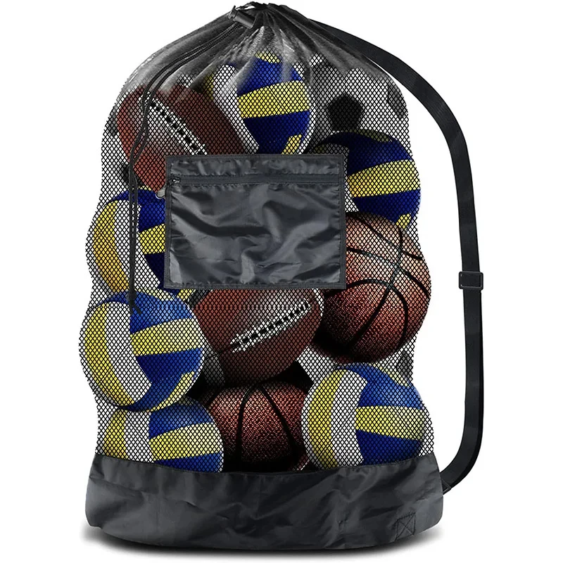 Large Mesh Ball Bag Drawstring Bag for Storage Soccer Basketball Volleyball Training Bags Black Sports Bag with Shoulder Straps