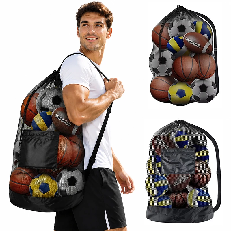 Large Mesh Ball Bag Drawstring Bag for Storage Soccer Basketball Volleyball Training Bags Black Sports Bag with Shoulder Straps