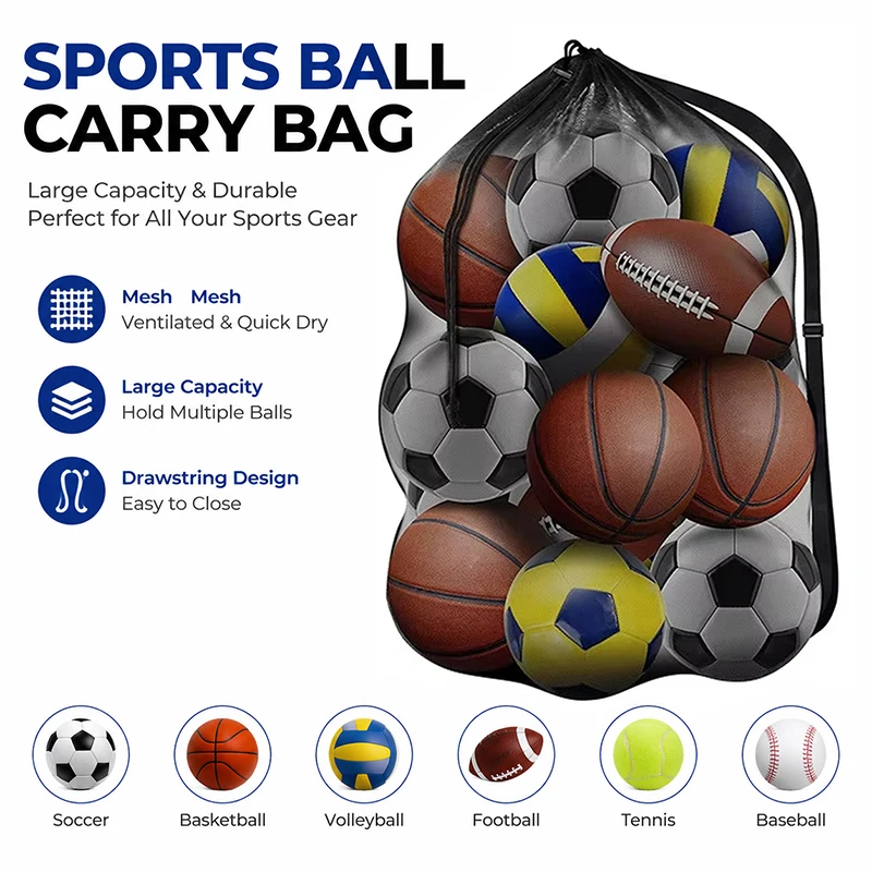 Large Mesh Ball Bag Drawstring Bag for Storage Soccer Basketball Volleyball Training Bags Black Sports Bag with Shoulder Straps