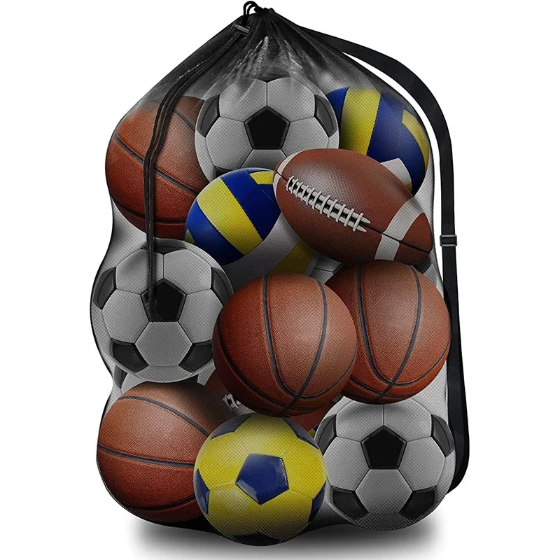 Large Mesh Ball Bag Drawstring Bag for Storage Soccer Basketball Volleyball Training Bags Black Sports Bag with Shoulder Straps