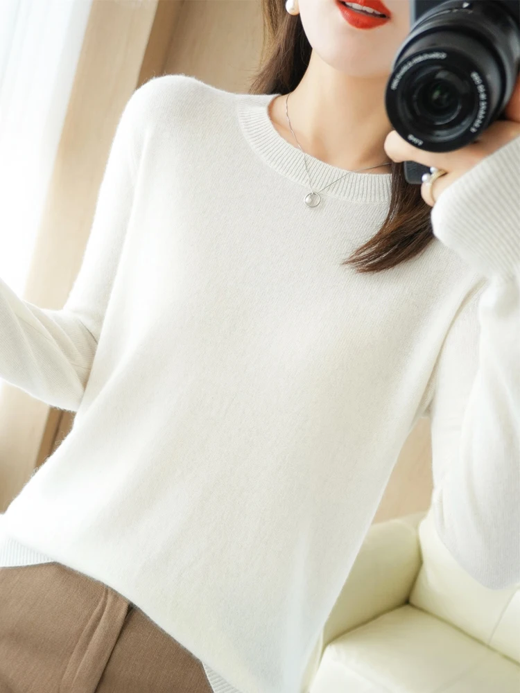Autumn Winter Women Wool Sweater O-neck Long Sleeve Pullover Basic Casual Loose Style Famale Clothing Merino Wool Knitwear Tops