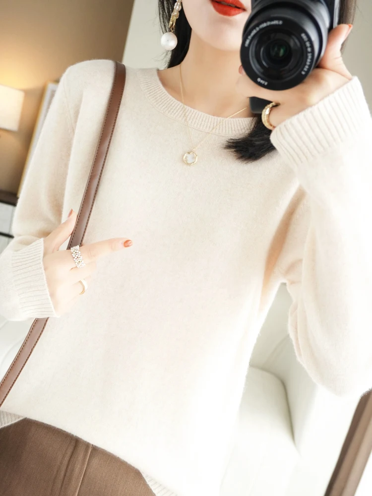 Autumn Winter Women Wool Sweater O-neck Long Sleeve Pullover Basic Casual Loose Style Famale Clothing Merino Wool Knitwear Tops