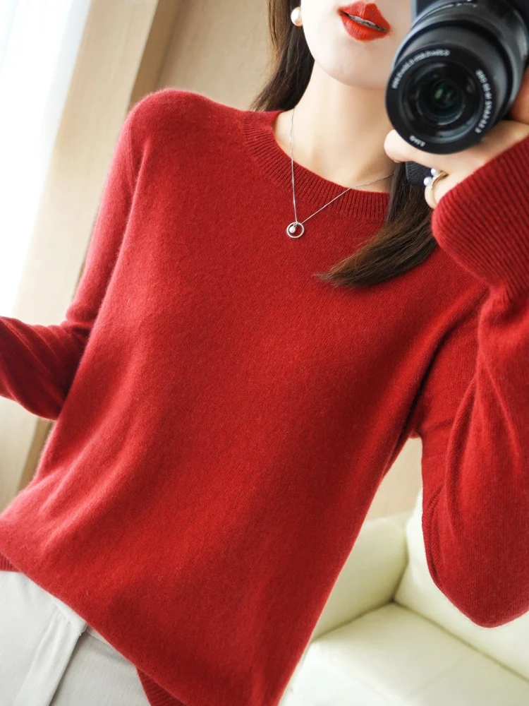 Autumn Winter Women Wool Sweater O-neck Long Sleeve Pullover Basic Casual Loose Style Famale Clothing Merino Wool Knitwear Tops