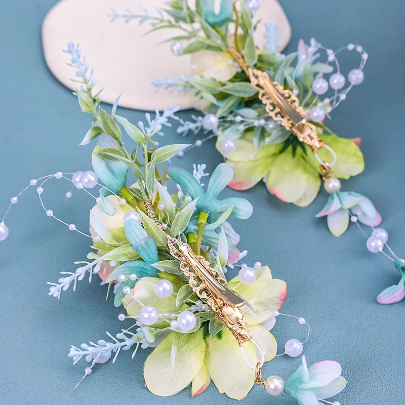 Chinese retro bridal headpiece 1 pair of pink floral tassel hair clips Wedding party performance headband Hair accessories