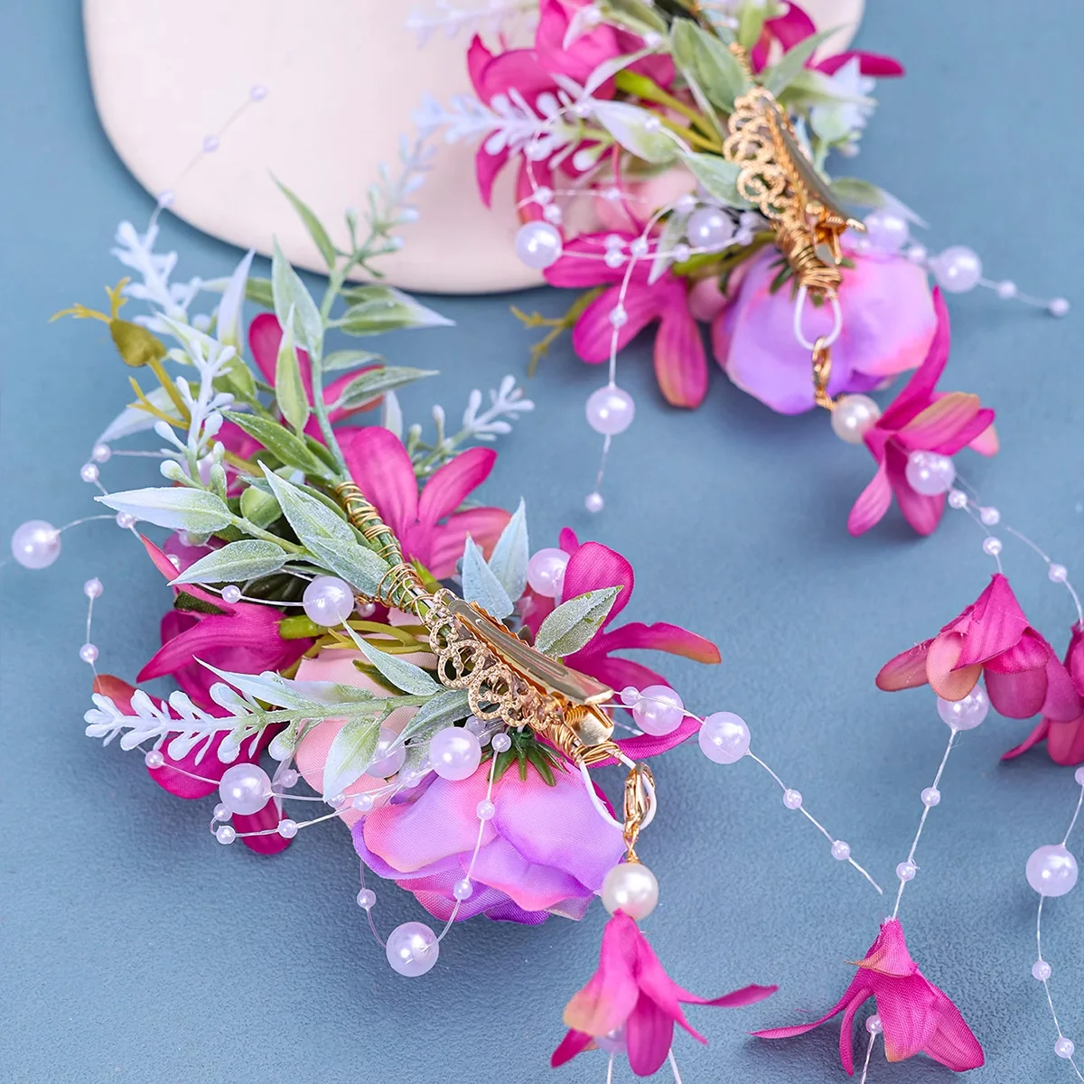 Chinese retro bridal headpiece 1 pair of pink floral tassel hair clips Wedding party performance headband Hair accessories