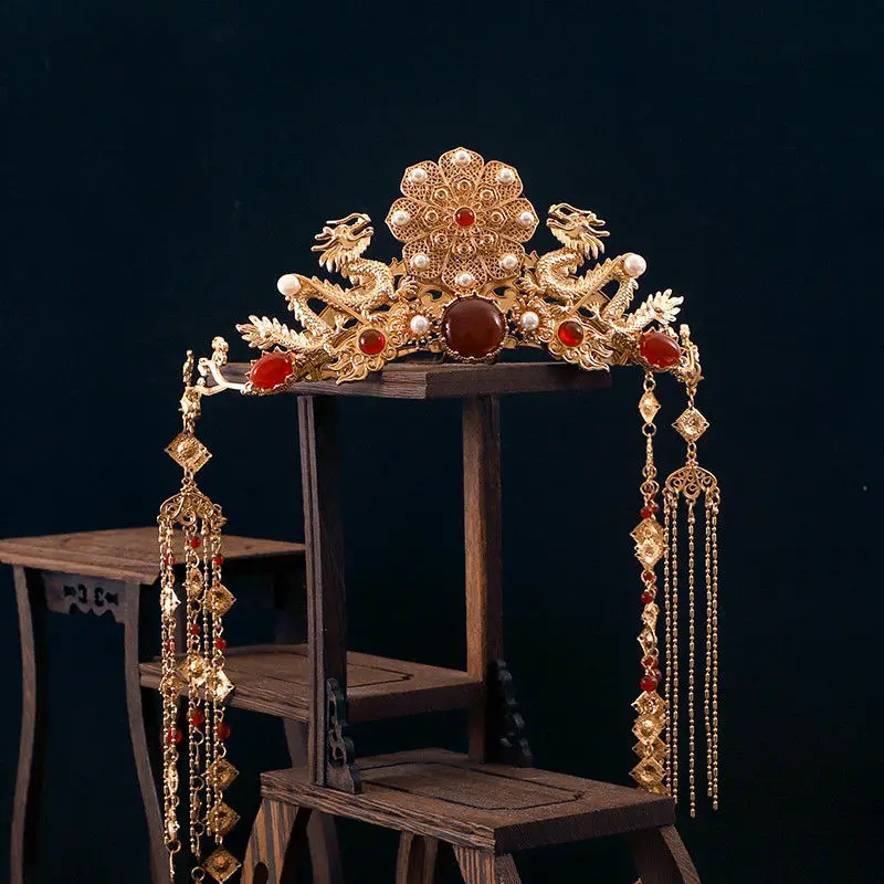 Womens Gold Plated Double Dragon With Long Tassel Hairpin Headdress
