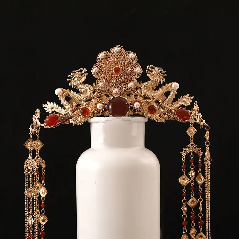 Womens Gold Plated Double Dragon With Long Tassel Hairpin Headdress