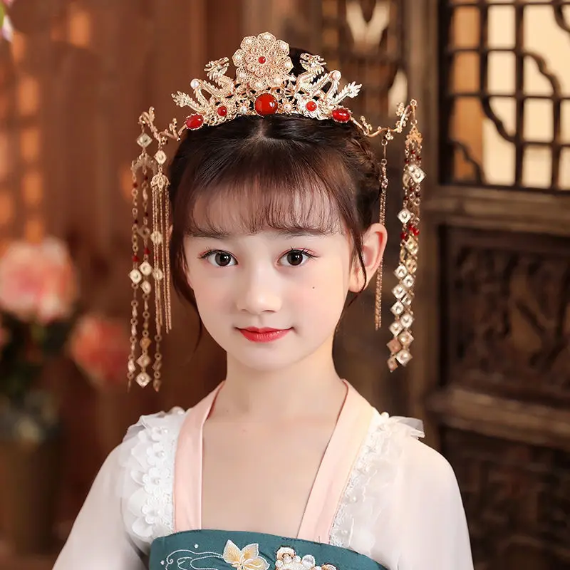 Womens Gold Plated Double Dragon With Long Tassel Hairpin Headdress