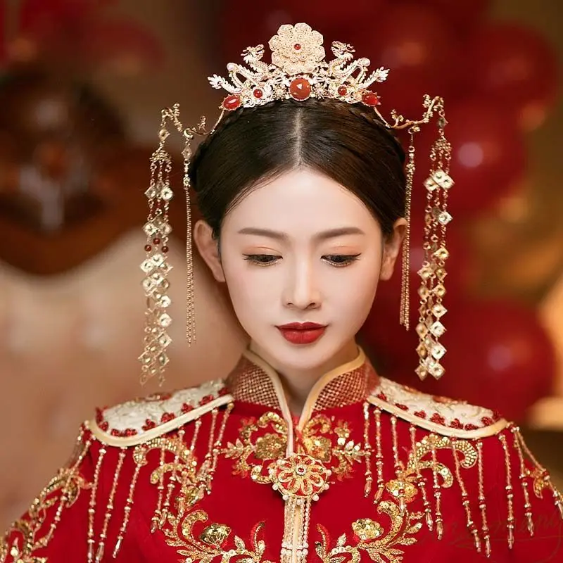 Womens Gold Plated Double Dragon With Long Tassel Hairpin Headdress
