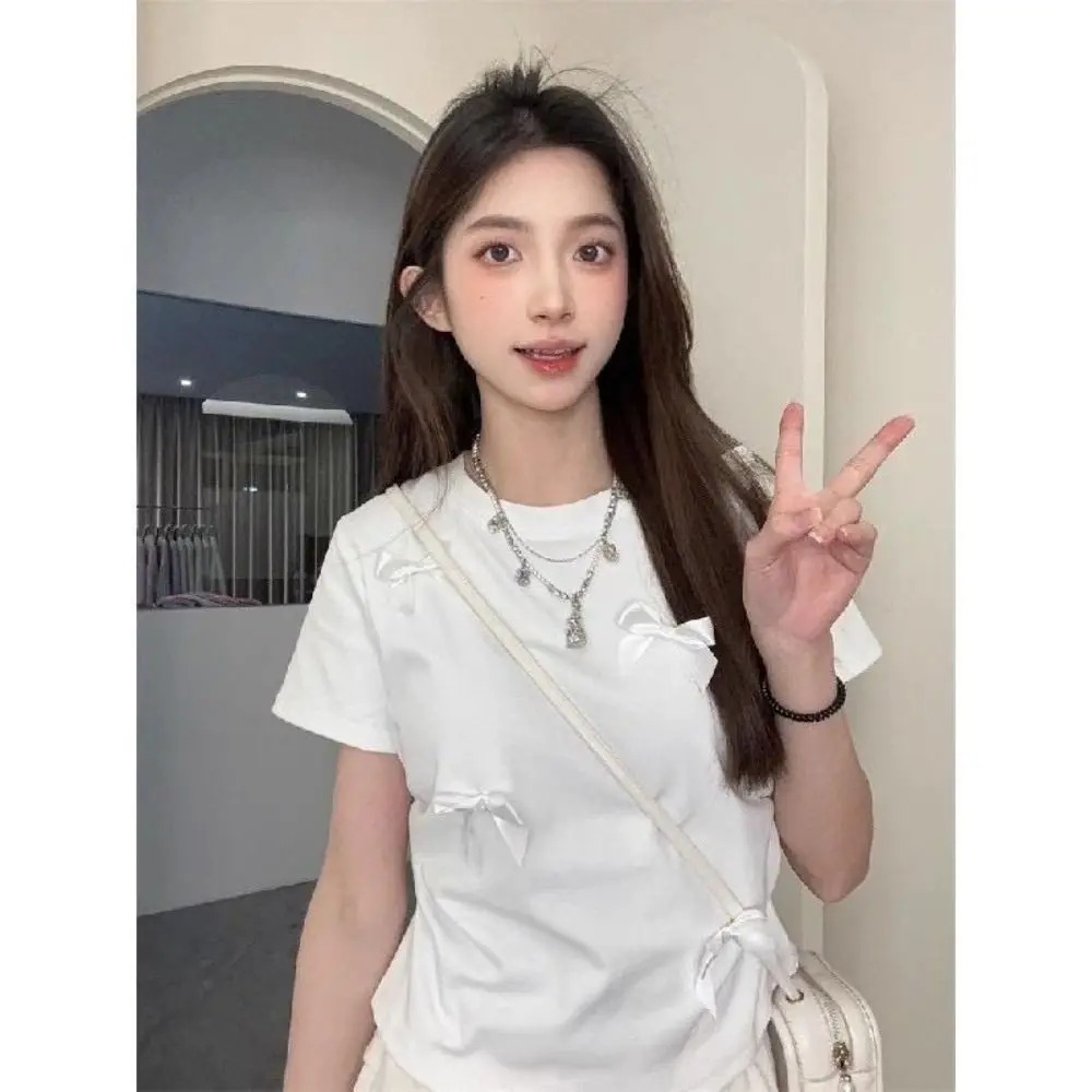 Elegant Ballet Bowknot T Shirts Round Collar Japanese Style Women Top Solid Color Short Sleeve Ribbon Crop Tank Top Women Girl