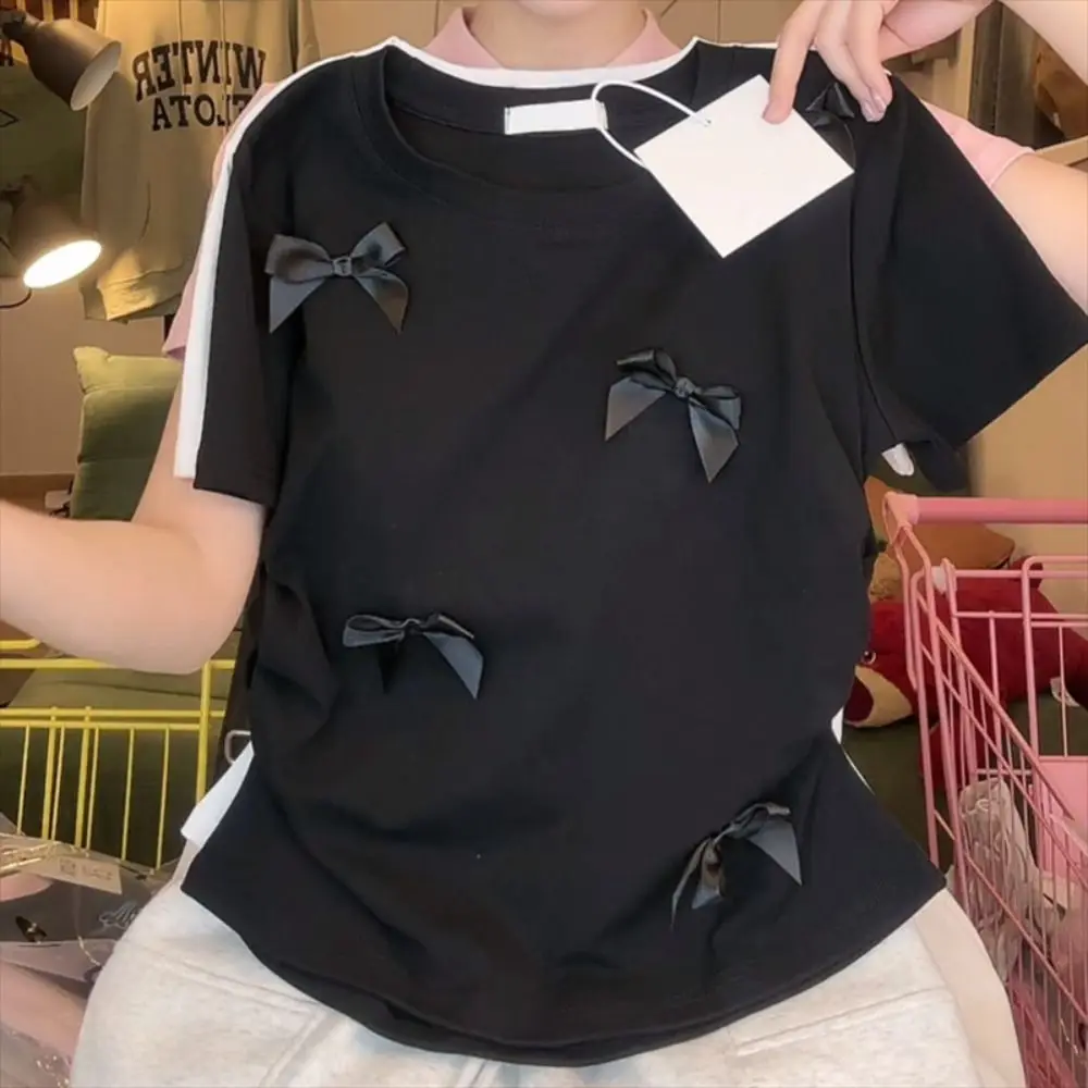 Elegant Ballet Bowknot T Shirts Round Collar Japanese Style Women Top Solid Color Short Sleeve Ribbon Crop Tank Top Women Girl