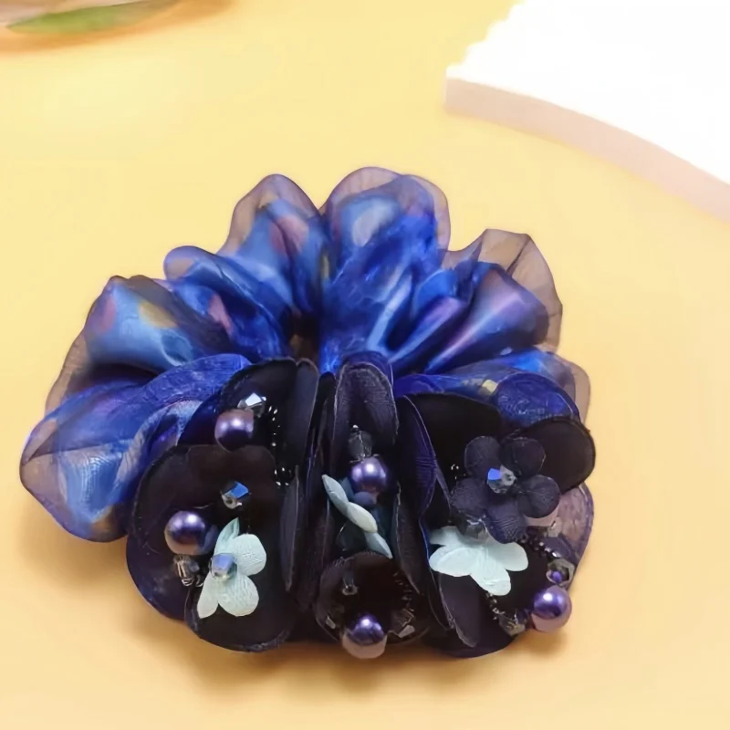 New Scrunchie White Flower Hair Ties Women Pearl Headdress Flower Highly Elastic Rubber Band Floral Hair Accessories