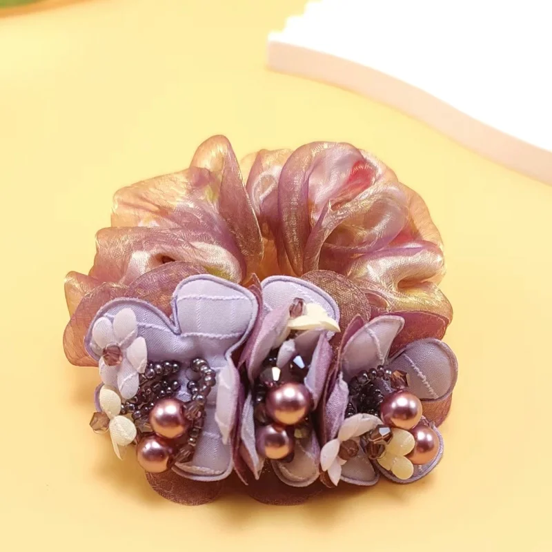 New Scrunchie White Flower Hair Ties Women Pearl Headdress Flower Highly Elastic Rubber Band Floral Hair Accessories
