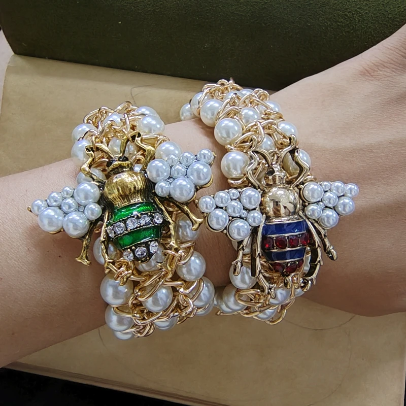 Luxury Handmade Elastic Pearl Bee Bracelet Bangle Jewelry For Women Party Gift