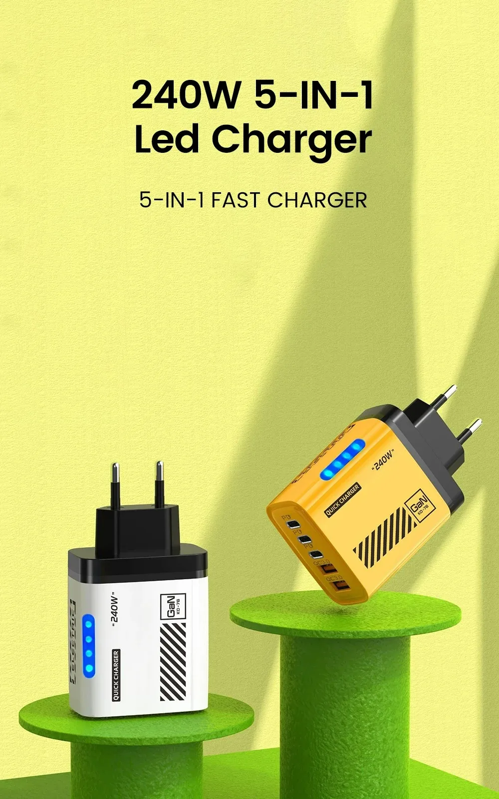 240W GaN 5 Port Fast Charging Station 3PD 2USB Charger For iPhone 17 16 15 Pro Samsung Xiaomi EU US Plug Wall Adapter with Cable