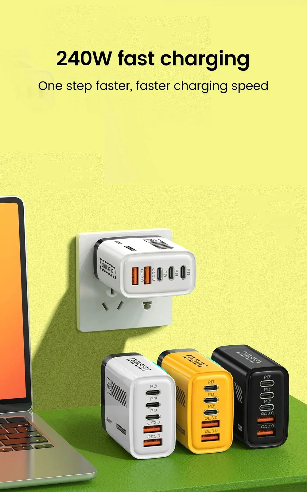 240W GaN 5 Port Fast Charging Station 3PD 2USB Charger For iPhone 17 16 15 Pro Samsung Xiaomi EU US Plug Wall Adapter with Cable