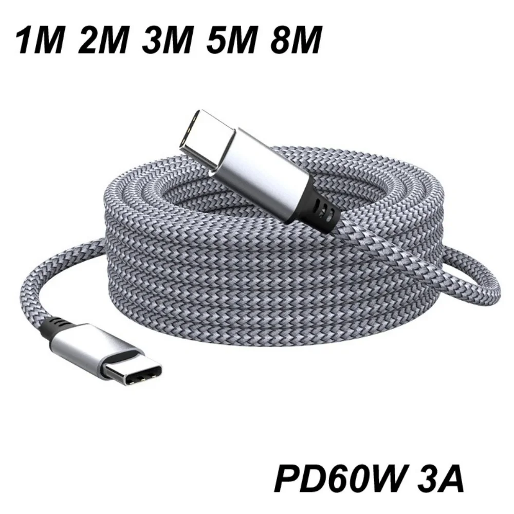 PD 60W USB C To Type C Extended Cable Fast Charging Nylon Braided Dual Type-C Data Cord for Xiaomi Samsung Huawei 1M 2M 3M 5M 8M