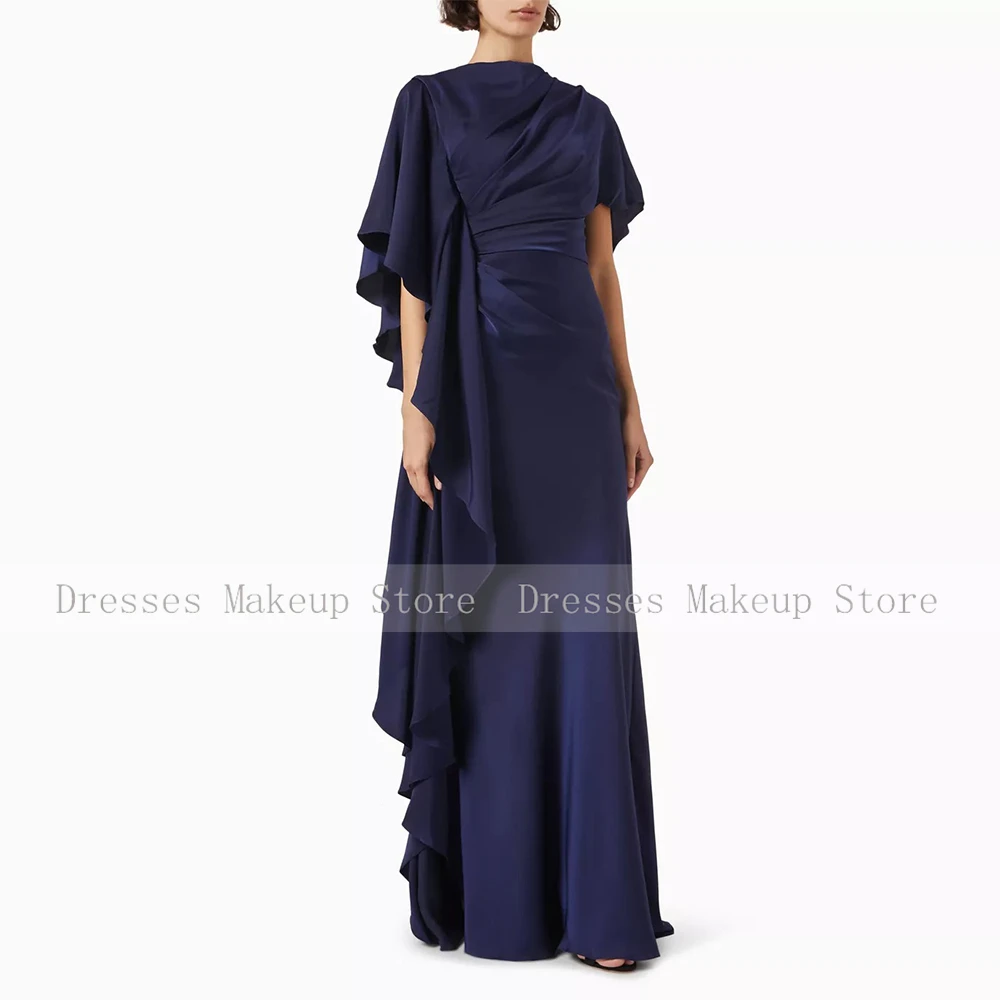 Elegant Evening Dress Navy Blue Satin Pleat Ruffles Women's Evening Gowns Mermaid O Neck Trumpet 2024 Wedding Guest Dresses Long