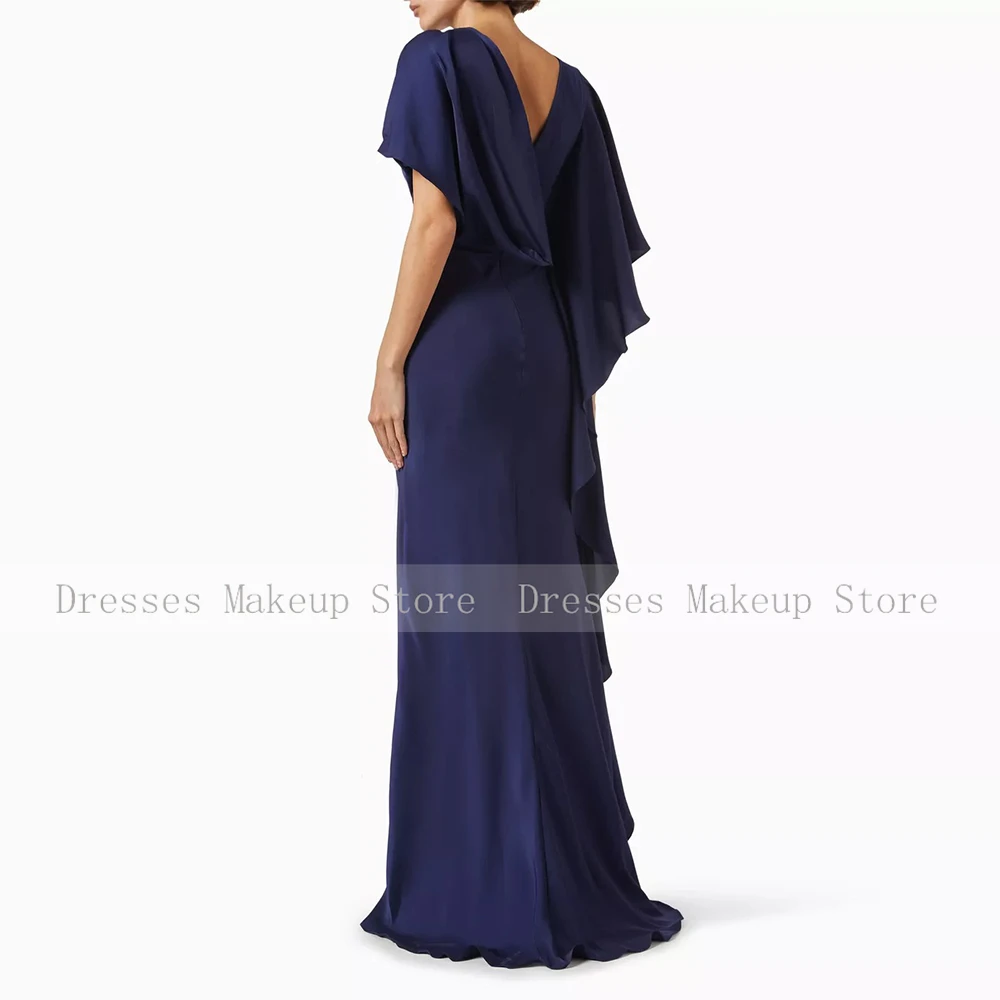 Elegant Evening Dress Navy Blue Satin Pleat Ruffles Women's Evening Gowns Mermaid O Neck Trumpet 2024 Wedding Guest Dresses Long