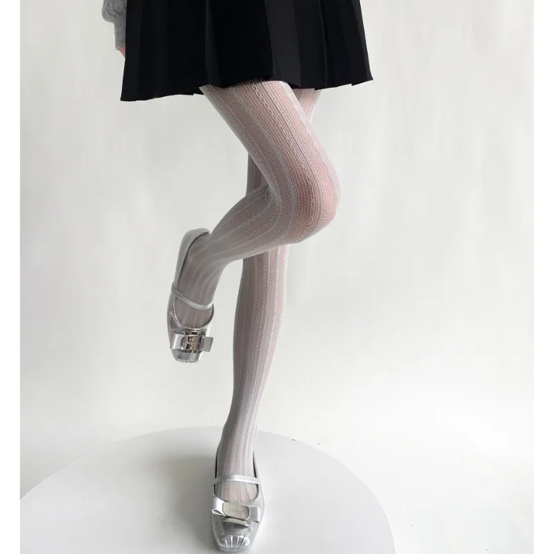 Women Sexy Lace Fishnet Stockings Lolita Hollow Out Solid Pantyhose JK Japanese Style High Waist Vintage Rhombus Striped Tights