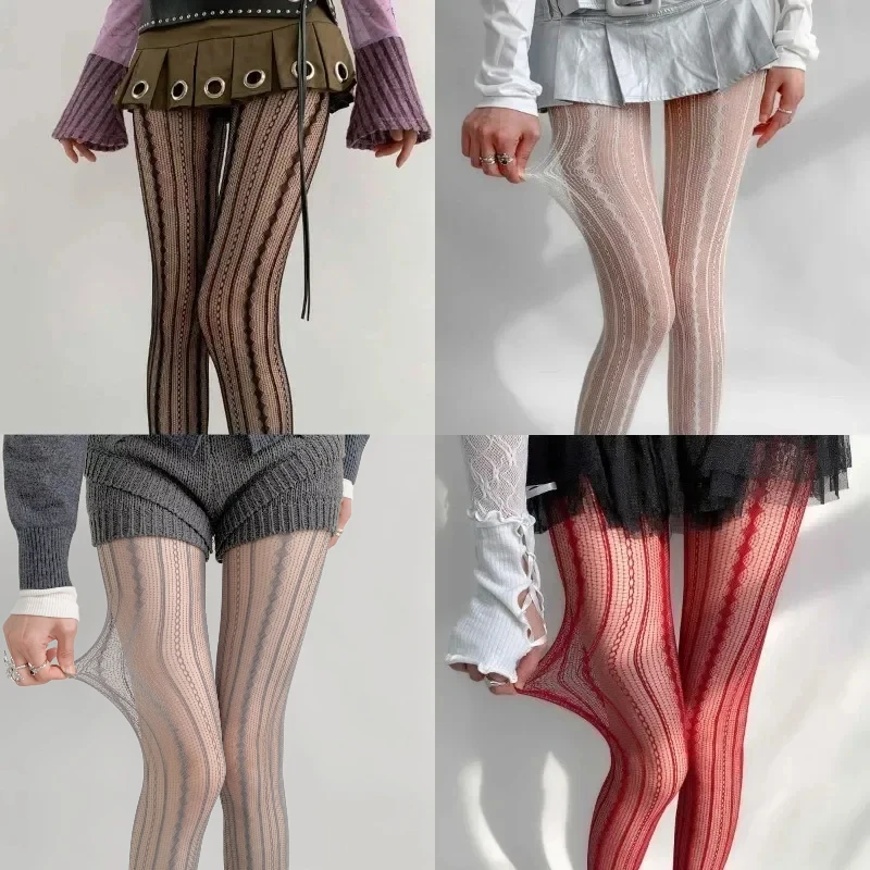 Women Sexy Lace Fishnet Stockings Lolita Hollow Out Solid Pantyhose JK Japanese Style High Waist Vintage Rhombus Striped Tights