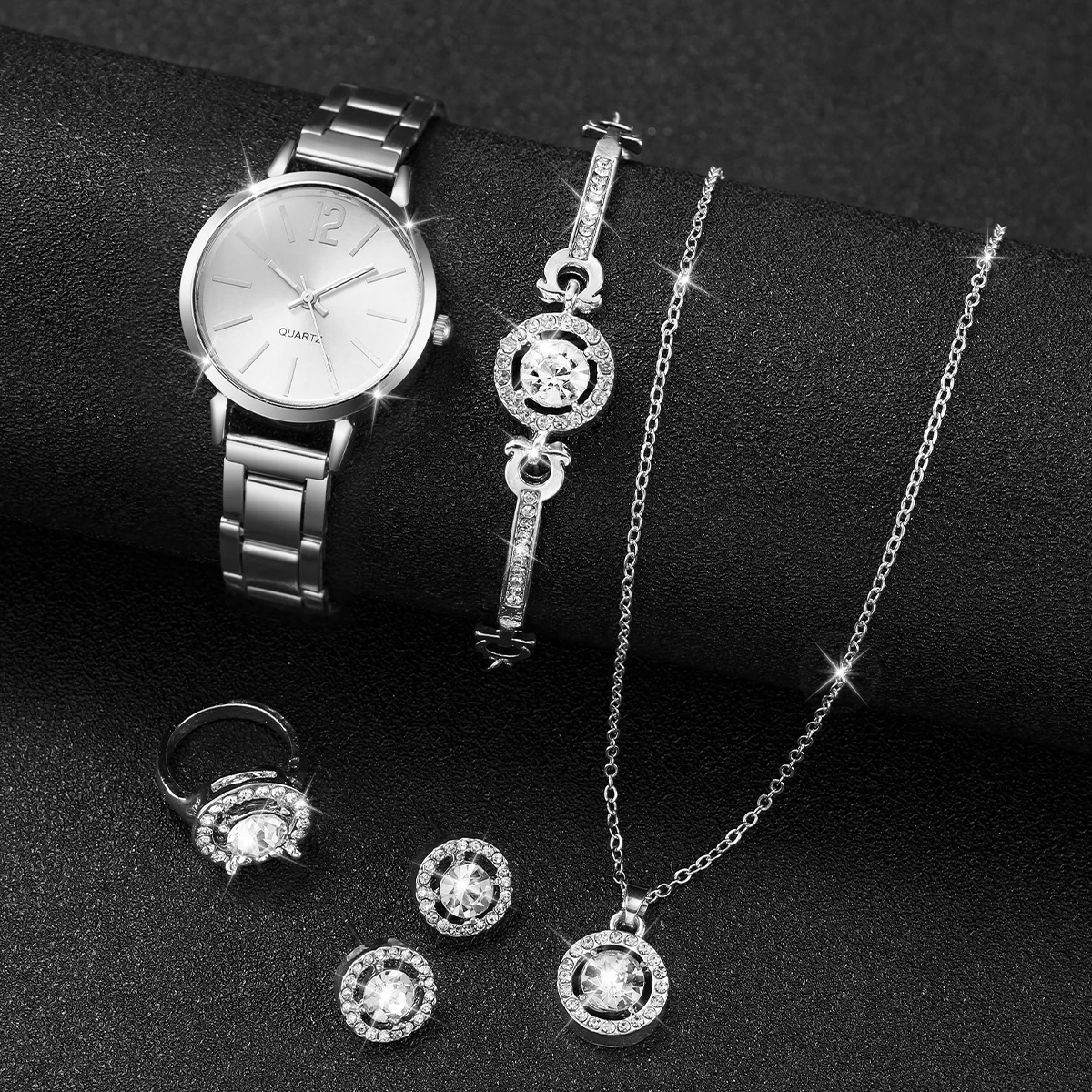 6PCS/Set Women Watches Fashion Stainless Steel Band Quartz Watch Diamond Jewelry(Without Box)