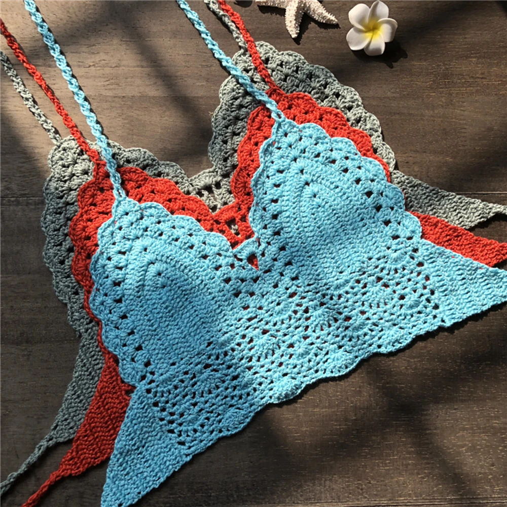 Sexy Beachwear Halter Neck Vest Crochet Crop Top Knit Bralette Bra Boho Beach Camisoles Bikini Tank Backless Tops