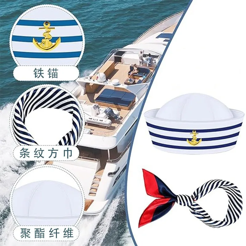 Excellent Decoration for Adult Yacht Blue and White Striped Sailor Captain Hat 3D Embroidered Sailor Hat Party Dance Costume