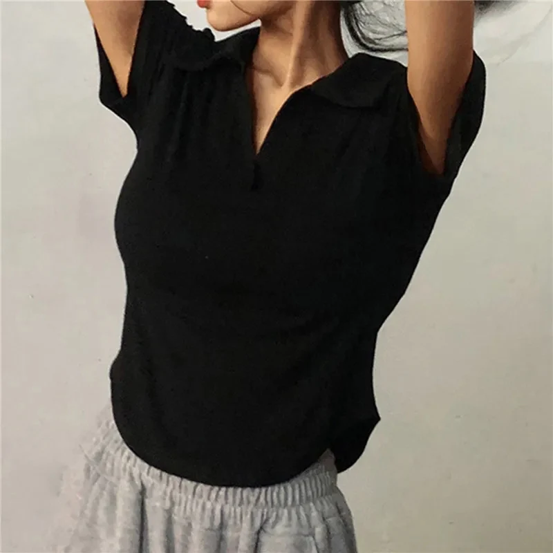 Summer Short Sleeve Lapel Top Women'S Solid V-Neck Pullovers Retro Sweet Shirts Hot Girl Crop Top Female Slim Versatile Tee