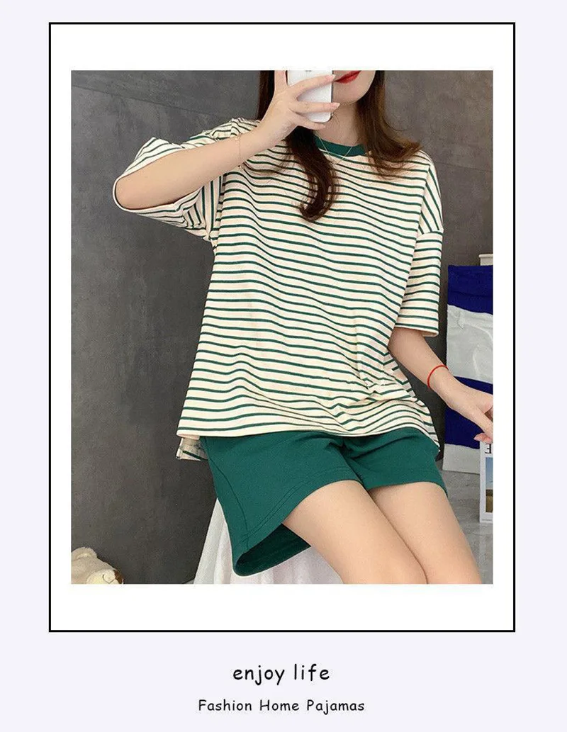 Self Chest Pad Pajamas Extra Large Size Women Striped Student Pajamas Striped Short Sleeve Shorts Easy Clean Pajamas Two Piece S