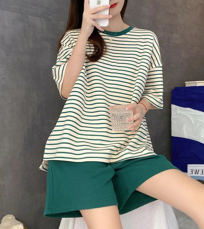 Self Chest Pad Pajamas Extra Large Size Women Striped Student Pajamas Striped Short Sleeve Shorts Easy Clean Pajamas Two Piece S