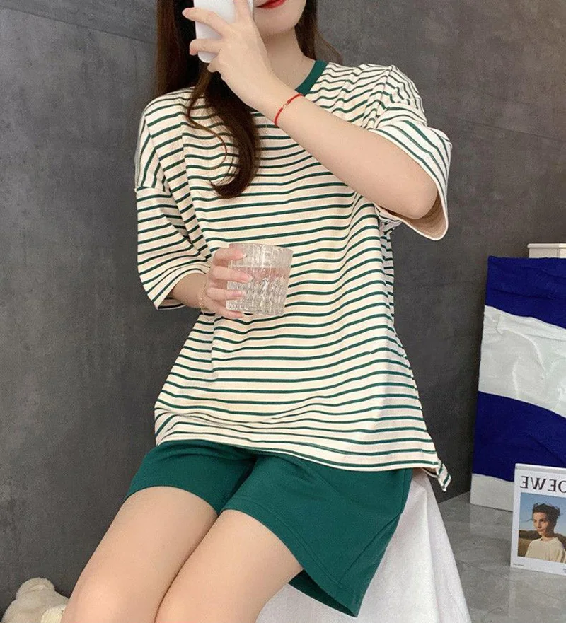 Self Chest Pad Pajamas Extra Large Size Women Striped Student Pajamas Striped Short Sleeve Shorts Easy Clean Pajamas Two Piece S