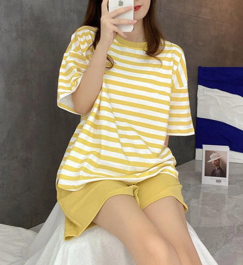 Self Chest Pad Pajamas Extra Large Size Women Striped Student Pajamas Striped Short Sleeve Shorts Easy Clean Pajamas Two Piece S