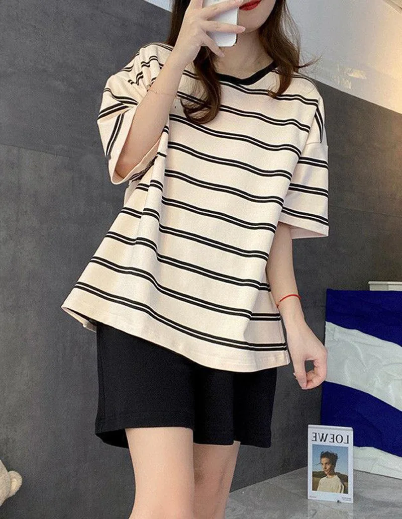 Self Chest Pad Pajamas Extra Large Size Women Striped Student Pajamas Striped Short Sleeve Shorts Easy Clean Pajamas Two Piece S
