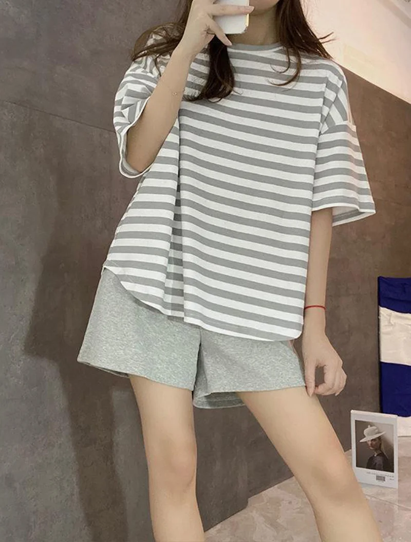 Self Chest Pad Pajamas Extra Large Size Women Striped Student Pajamas Striped Short Sleeve Shorts Easy Clean Pajamas Two Piece S