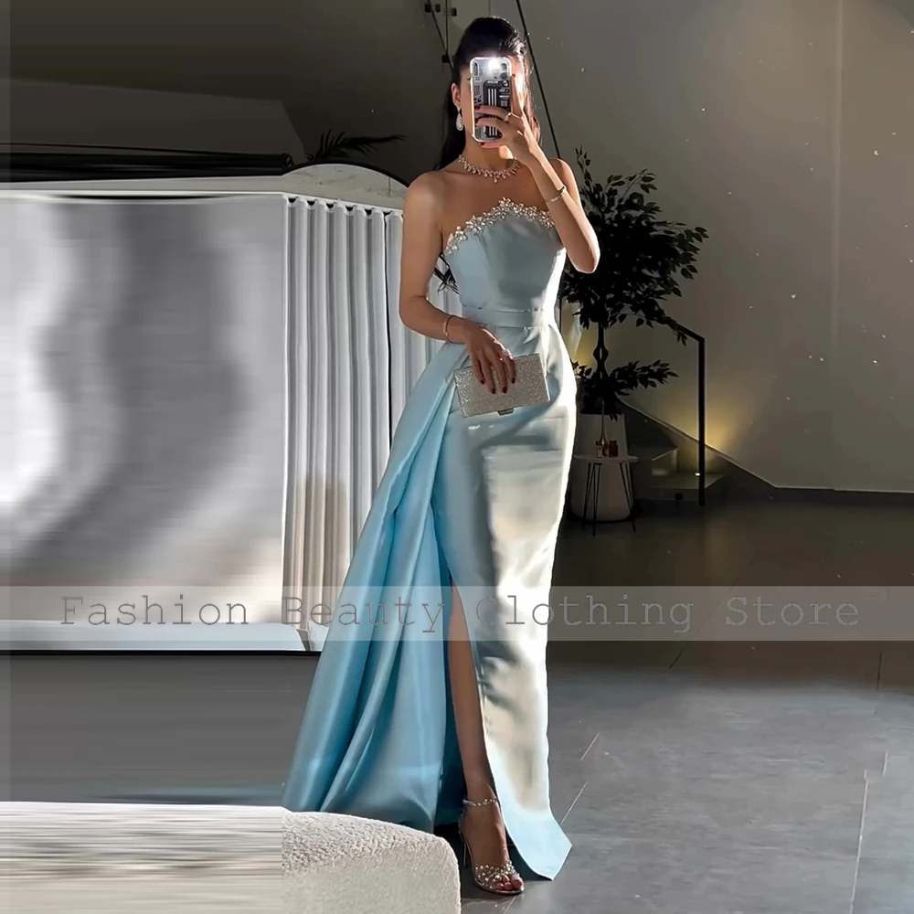 Luxury Evening Dresses for Women 2025 Sky Blue Satin Side Slit Column Evening Gown Long Draped Beaded Rhinestone Party Dress