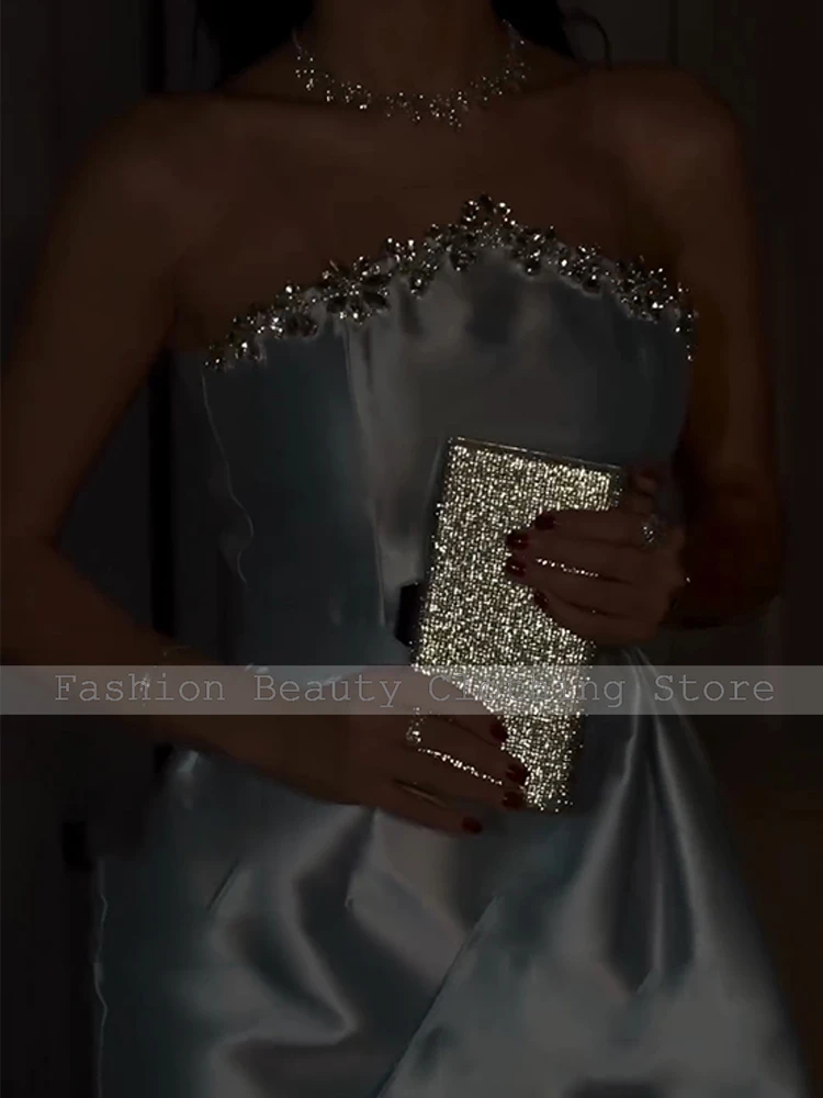 Luxury Evening Dresses for Women 2025 Sky Blue Satin Side Slit Column Evening Gown Long Draped Beaded Rhinestone Party Dress