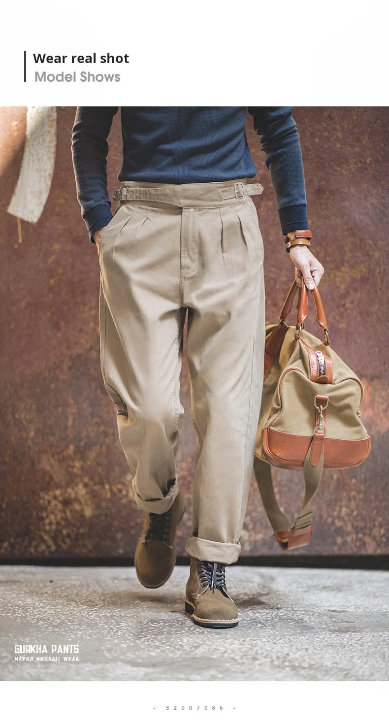 Maden Vintage Khaki Gurkha Pants Adjustable High Waist Casual Cargo Work Pants Classic Straight Trousers Men's Spring and Fall