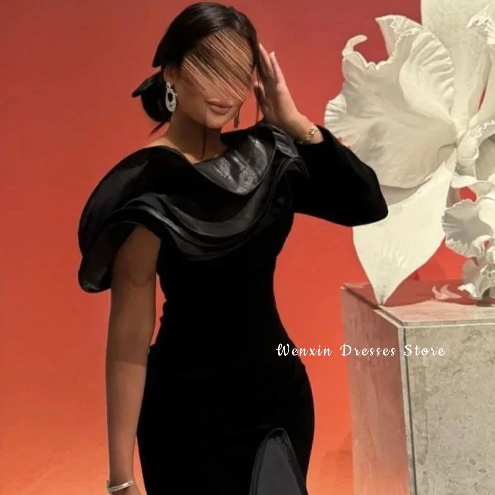Mermaid Black Velvet and Organza Evening Dress Customized One Shoulder Long Sleeves Homecoming Dresses Formal Occasion Gowns