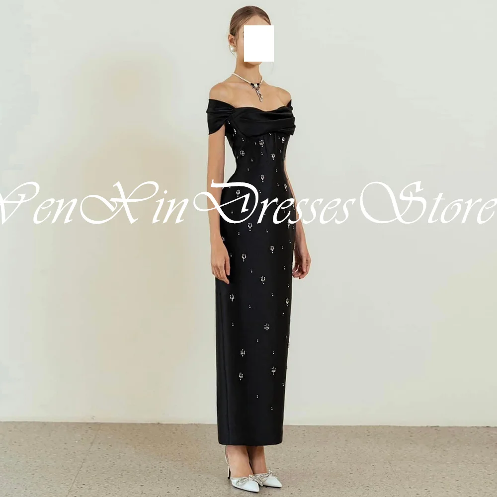 Customized Formal Crystal Satin Off the Shoulder Evening Dress Temperament Strapless Straight Short Sleeves Celebrity