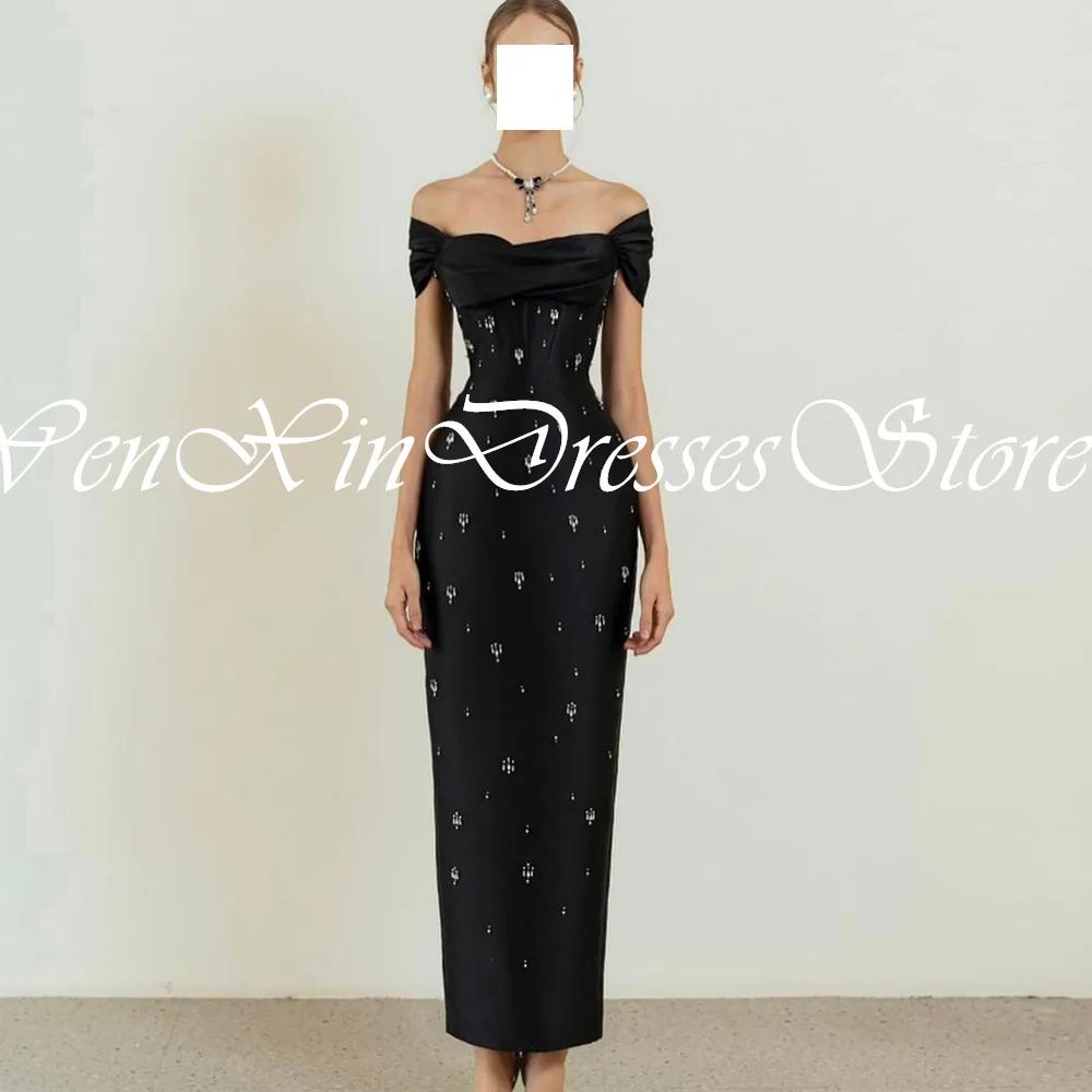 Customized Formal Crystal Satin Off the Shoulder Evening Dress Temperament Strapless Straight Short Sleeves Celebrity