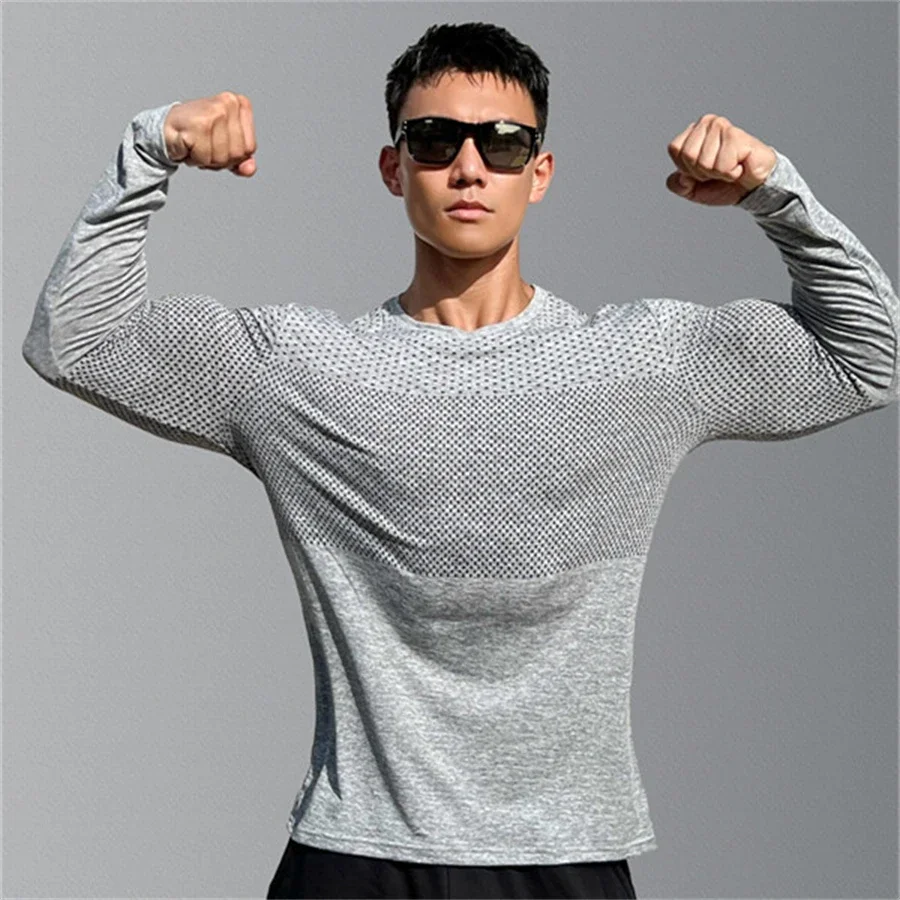 Men's Sport Long Sleeve Tops Quick Dry Fitness T-Shirts Bodybuilding Gym Tees Casual Skinny Elastic Breathability Men Sportswear