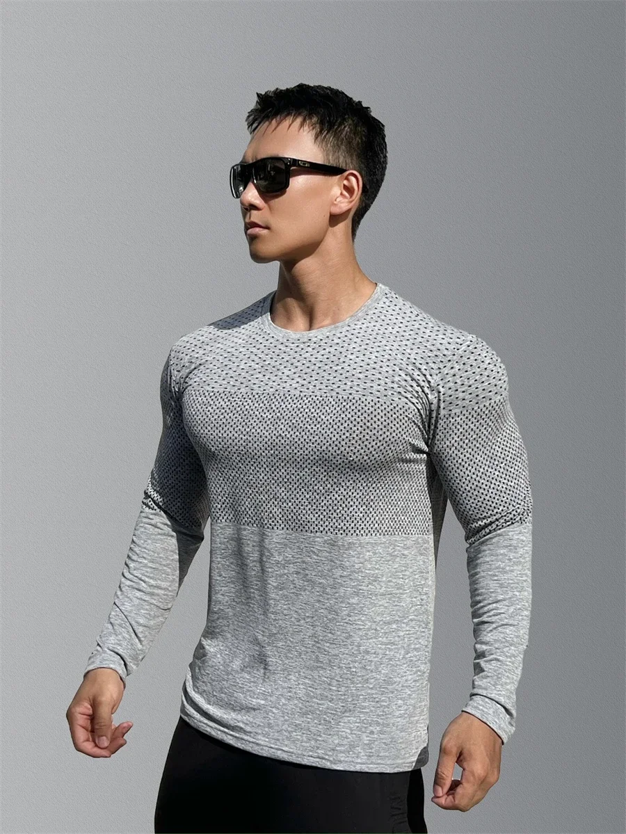Men's Sport Long Sleeve Tops Quick Dry Fitness T-Shirts Bodybuilding Gym Tees Casual Skinny Elastic Breathability Men Sportswear