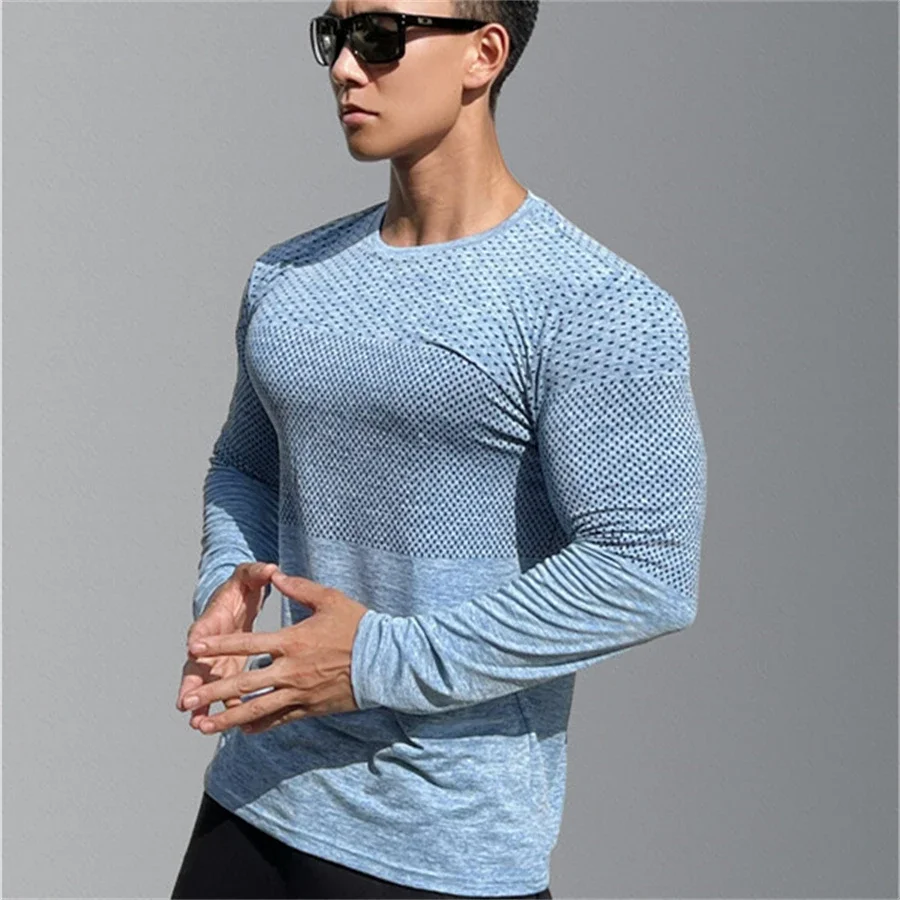Men's Sport Long Sleeve Tops Quick Dry Fitness T-Shirts Bodybuilding Gym Tees Casual Skinny Elastic Breathability Men Sportswear
