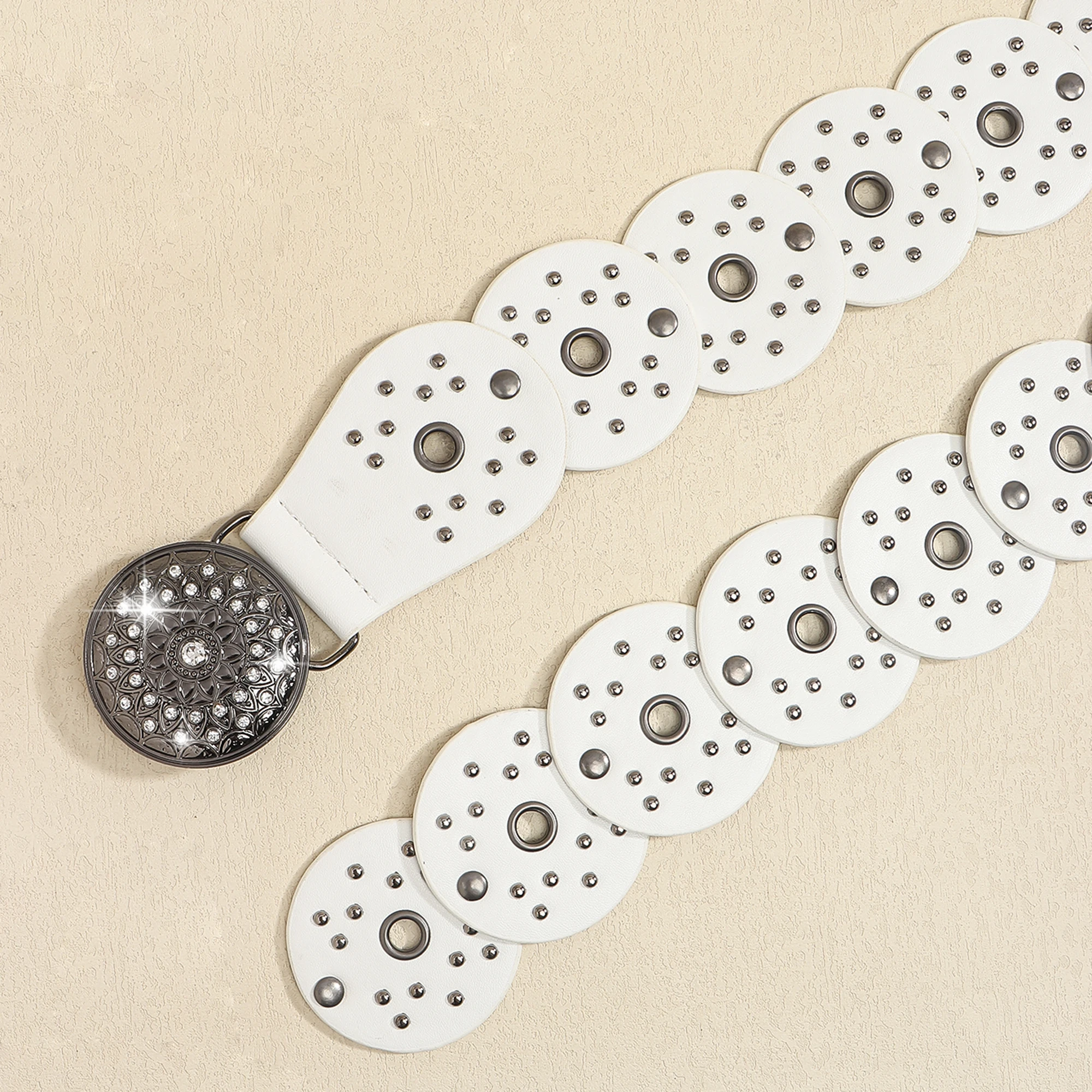 New retro design sense disc punch stitching belt rivets metal buckle PU belt 2024 fashion personality